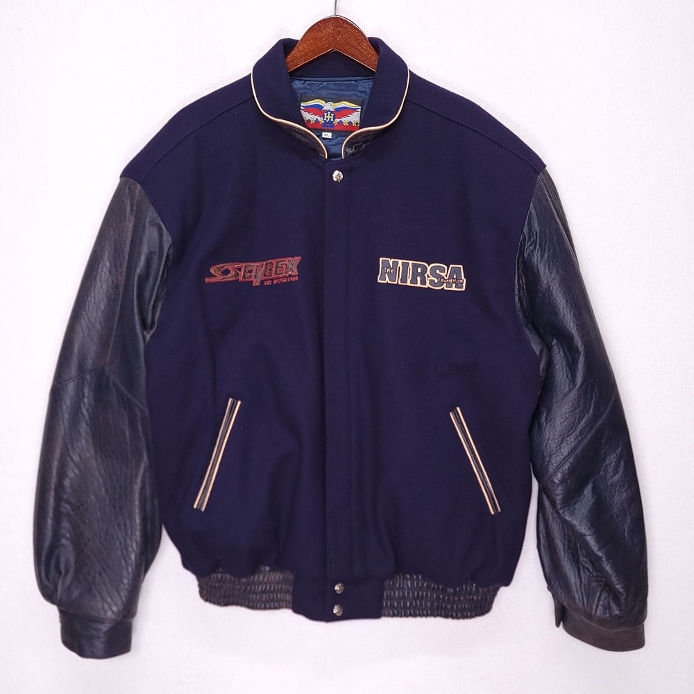 Jeff Hamilton Varsity Jacket Navy Wool Leather Sleeves Mens‎ XL Premier Edition